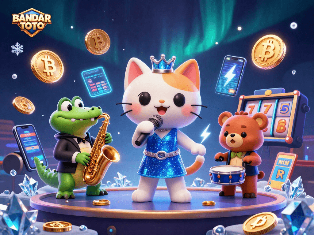 Engage with BANDAR TOTO casino as characters enjoy slot games among vibrant neon elements.