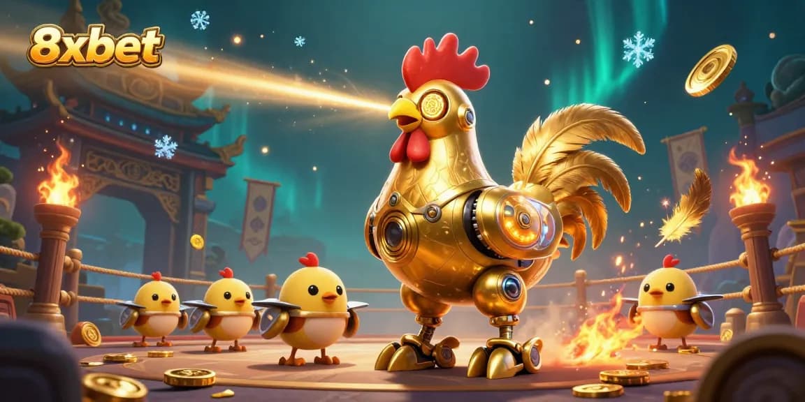 Engage with the dynamic 8xbet casino world featuring a golden rooster robot and baby chick drones.