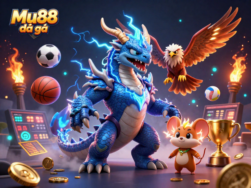 Engage in thrilling Mu88 đá gà action with a vibrant 3D illustration featuring sports elements, dragons, and dynamic betting.