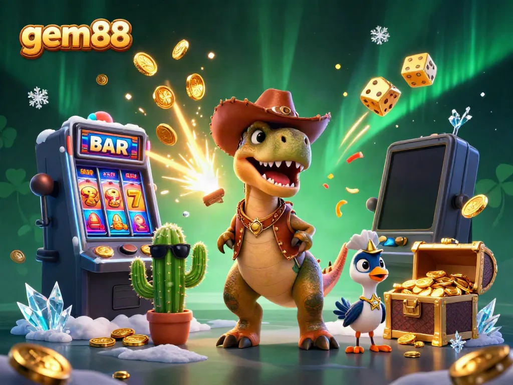 Experience thrilling slots at gem88 with T-Rex, a cactus companion, and a roadrunner amidst a jackpot explosion.
