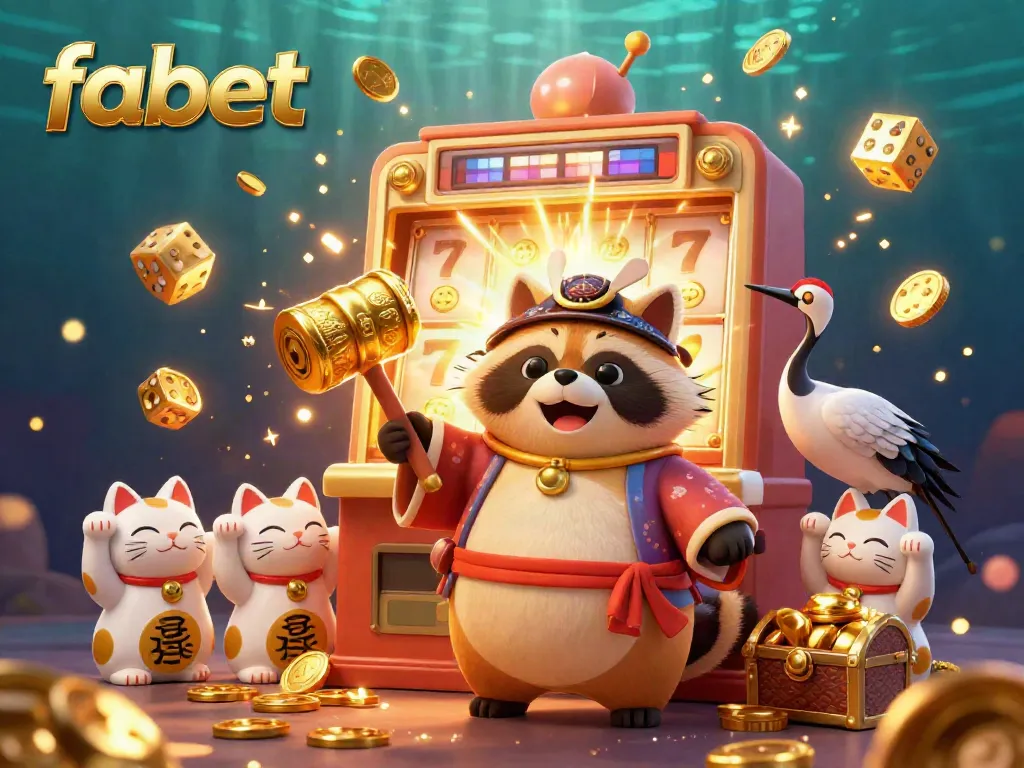 Experience the excitement of fabet with cheerful tanuki and vibrant slot machine bursting with winnings.