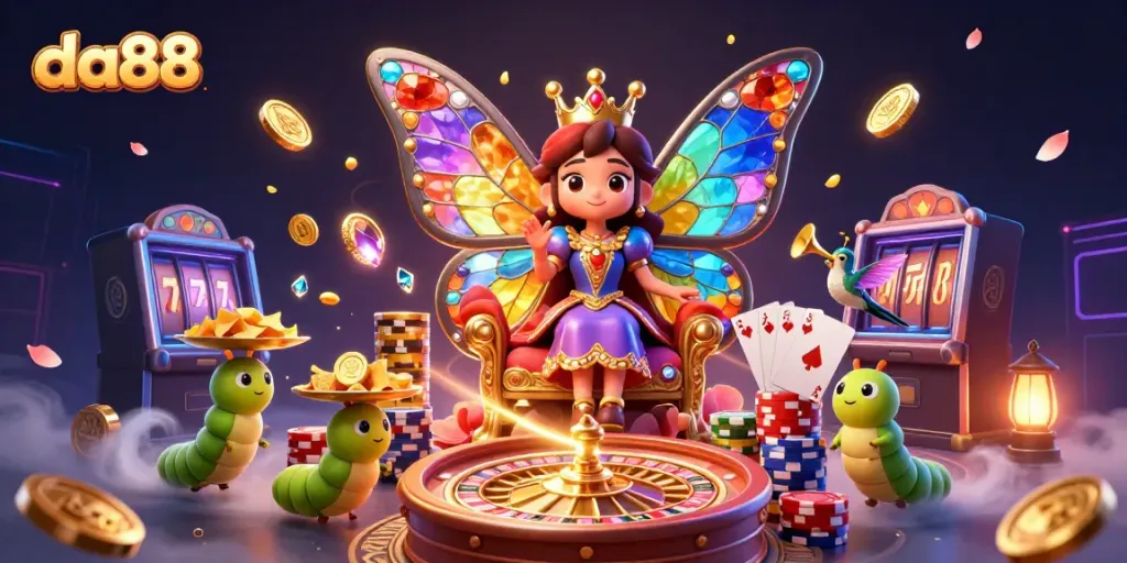Experience the excitement at da88 with vibrant gaming elements featuring a butterfly queen and sparkling casino graphics.