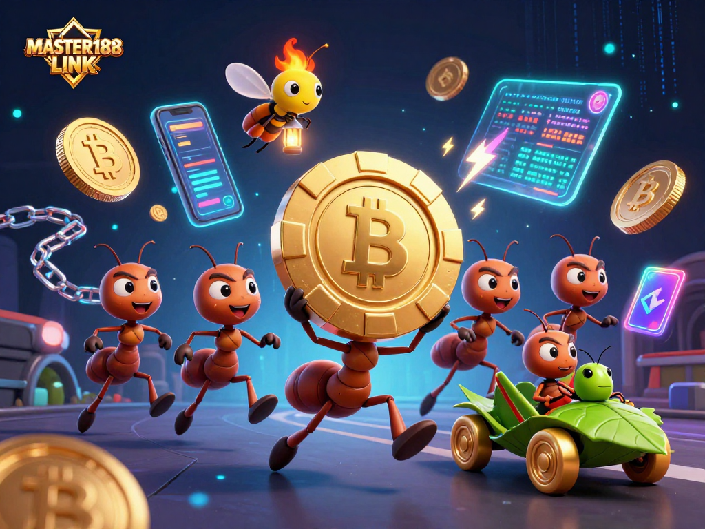 Win big with the MASTER188 LINK as ants heist golden poker chips in an electrifying casino scene.