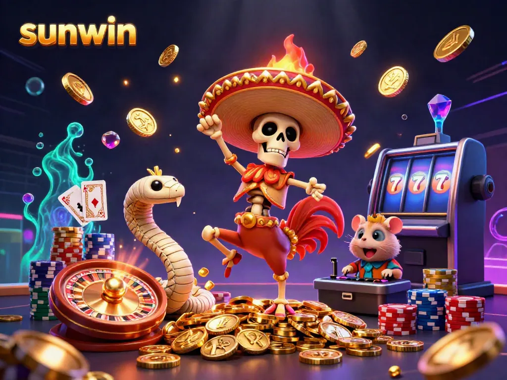 Experience the excitement of sunwin with a lively casino scene featuring vibrant 3D characters.