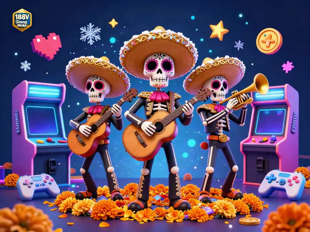 Engage in vibrant gaming with 188V Đăng Nhập in a dynamic casino-themed skeleton mariachi scene.