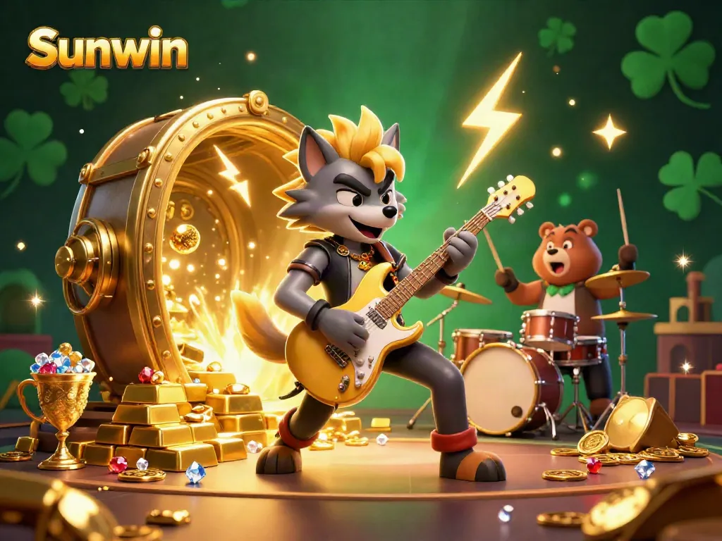 Join the excitement with Sunwin's vibrant casino illustration featuring dynamic characters and treasure.