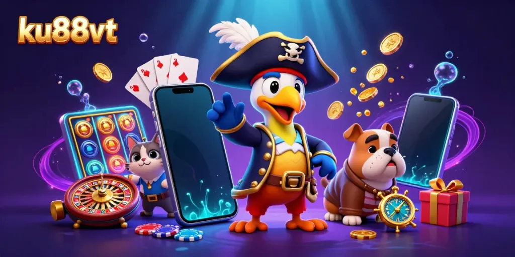 Spin colorful slots at ku88vt with pirate captain and friends in a vibrant setup.