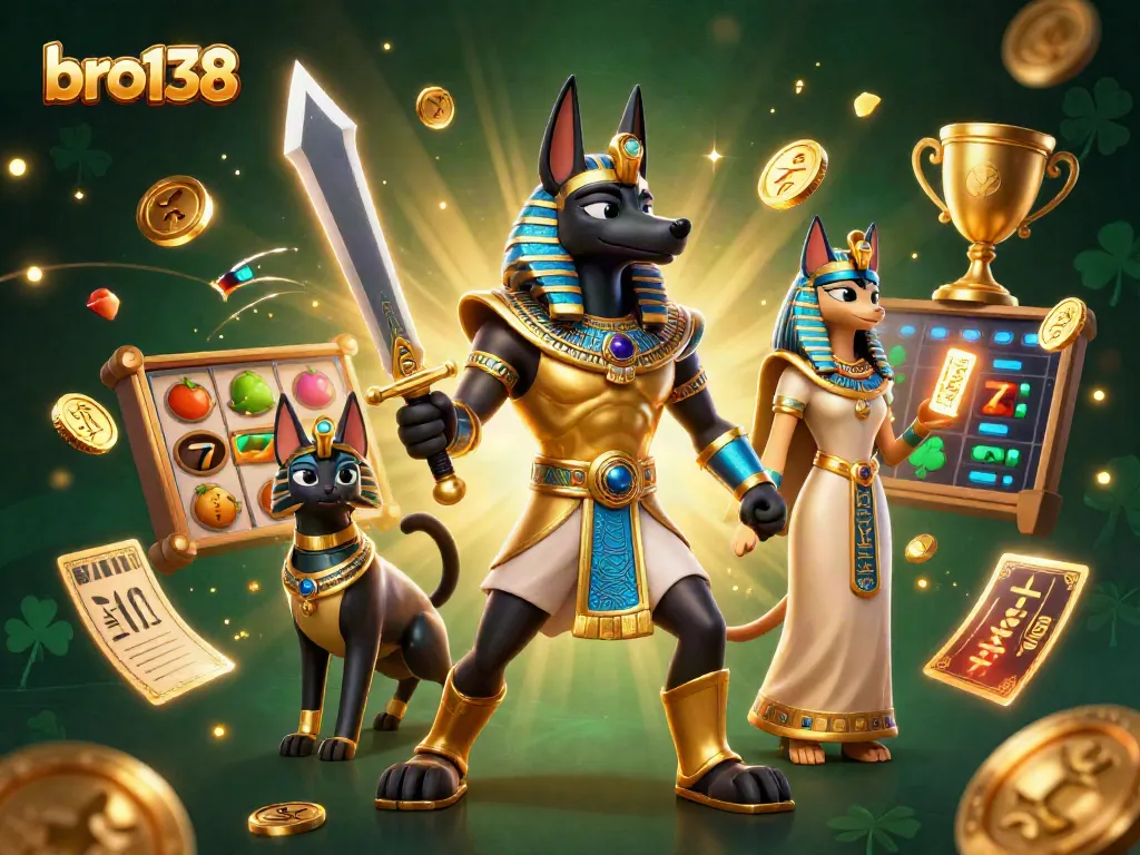 Experience legendary gaming at bro138 with Anubis and Bastet amidst vibrant slot reels and golden jackpots.