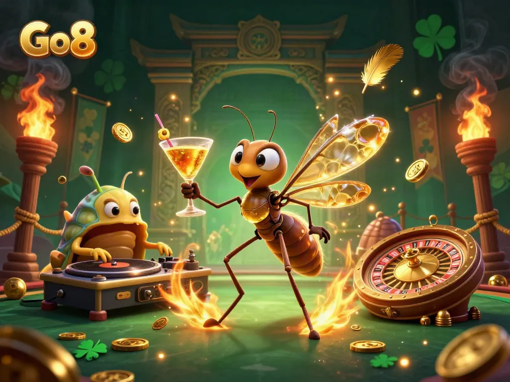 Go8 casino mascot coming to life in an energetic gambling scene with a trilobite DJ and roulette wheel.