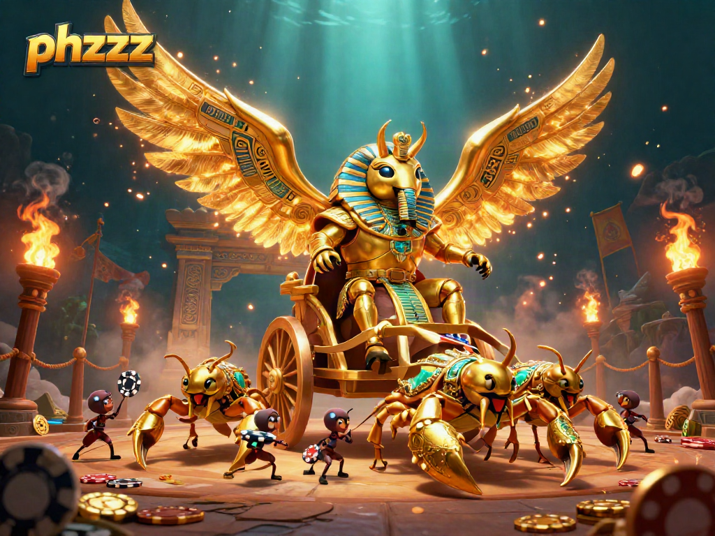 Engage with phzzz by betting in a casino scene featuring golden scarabs and poker chips.