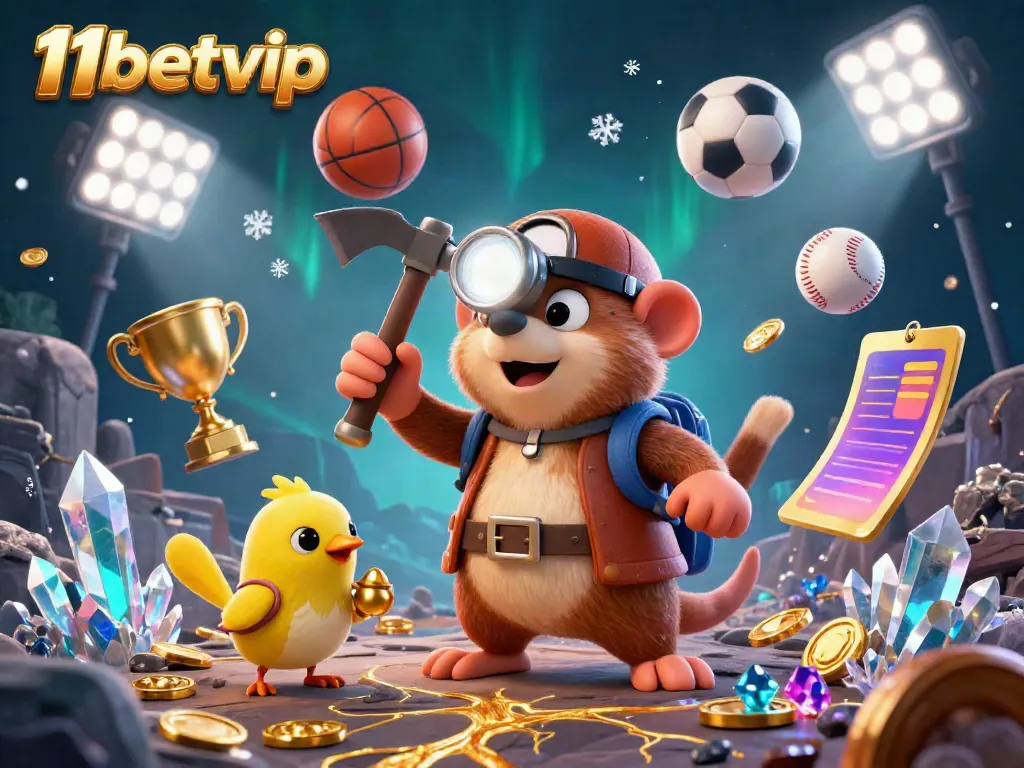 Engage with the exciting world of 11betvip featuring vibrant sports balls, a treasure hunter mole, and shimmering gems.