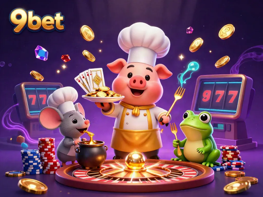 Experience the world of 9bet with a lively 3D casino scene featuring gold coins, a critiquing frog, and chef characters.