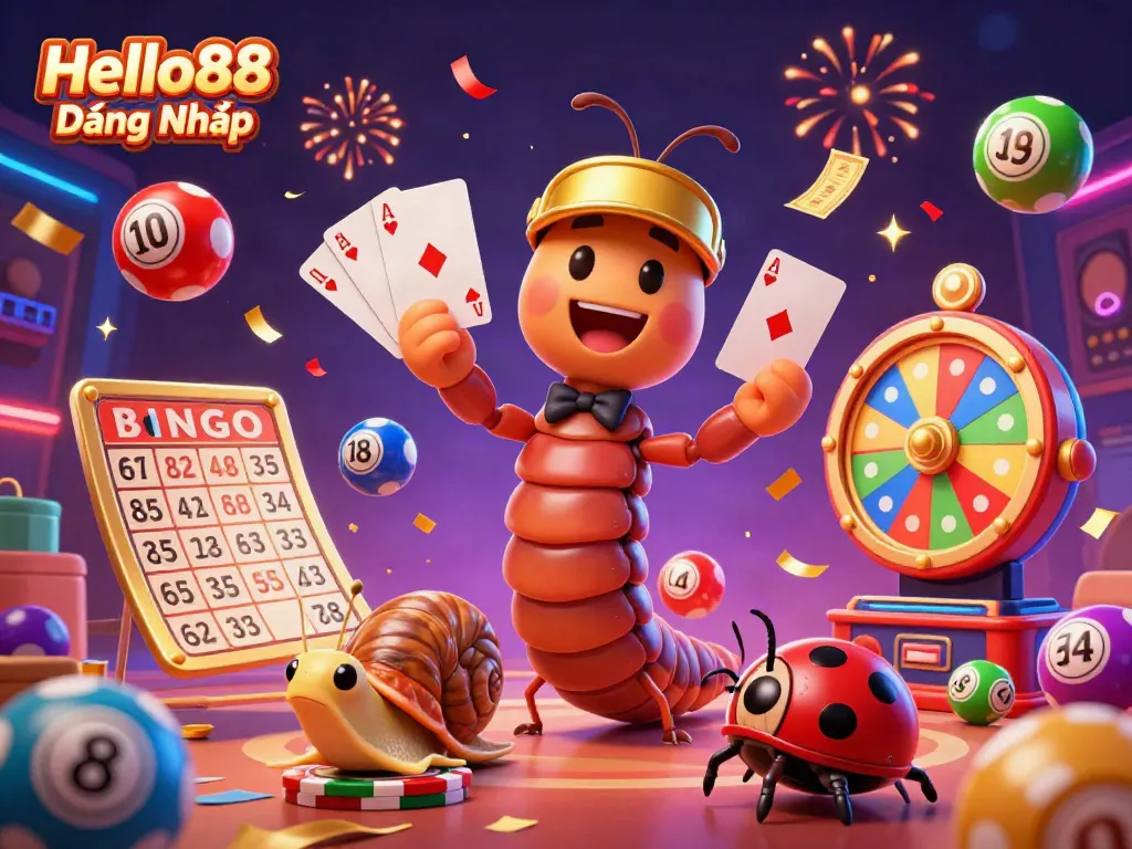 Experience excitement at Hello88 Đăng Nhập with a festive casino scene featuring colorful lottery balls and animated characters.