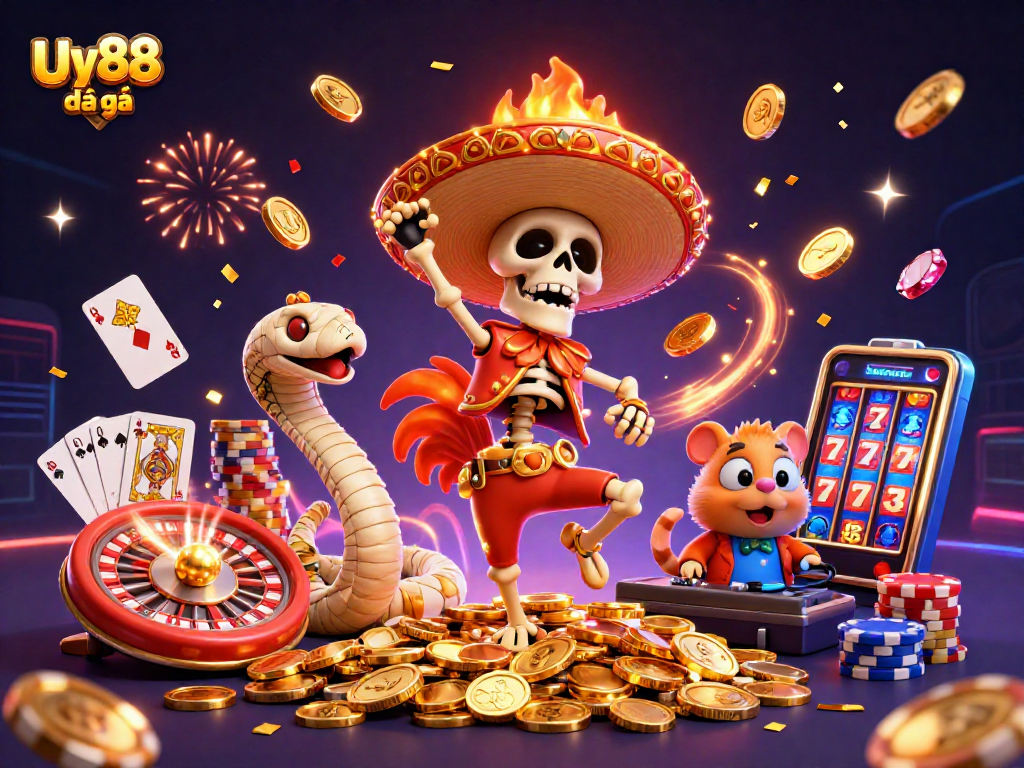 Experience thrilling Uy88 đá gà action with vibrant golden coins, a rooster, and dynamic casino elements.