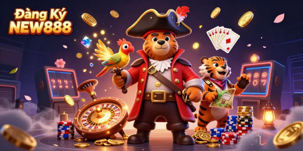 Join the adventure of Đăng Ký NEW888 with our pirate captain bear and tiger as they explore thrilling casino treasures.