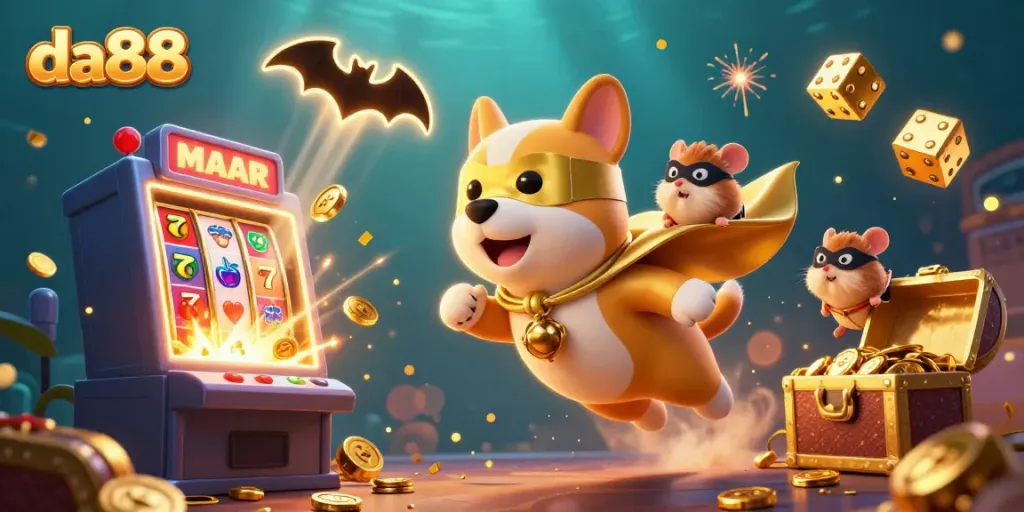 Experience the thrill of winning with da88, as the superhero and hamster soar through a rich casino scene filled with jackpots.