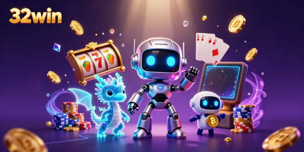 Experience 32win's thrilling slots with a dynamic 3D casino scene showcasing vibrant characters and games.