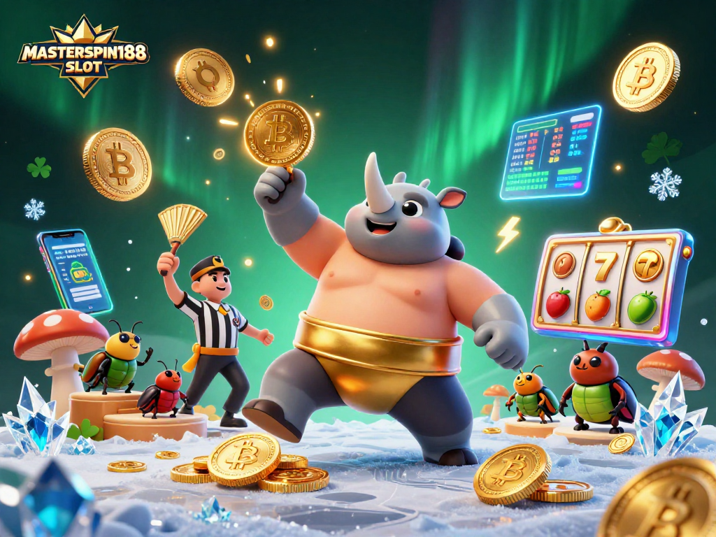 Experience the excitement of MASTERSPIN188 SLOT with a 3D illustration of a sumo champion beetle amidst vibrant casino elements.