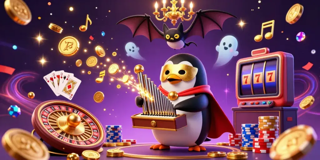 Kuwin's penguin playing an organ releases coins in vibrant casino chaos, showcasing dazzling games.