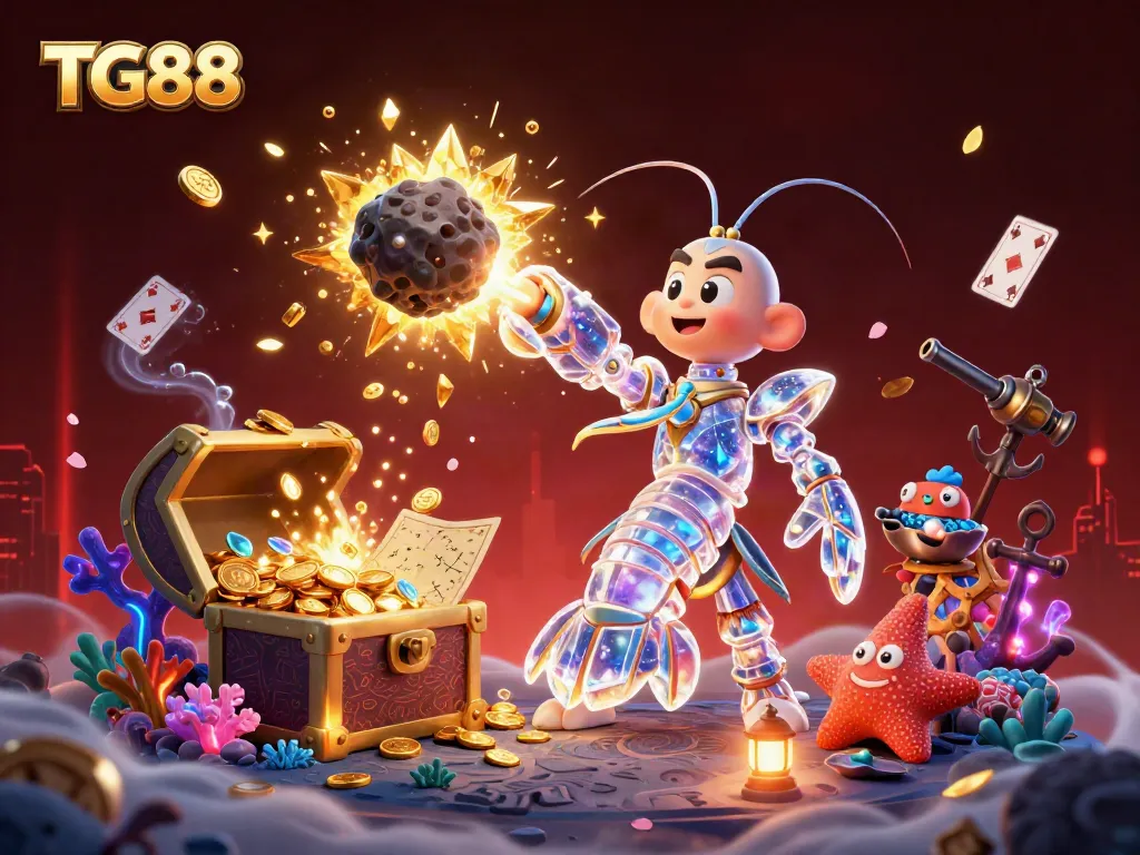 Engaging TG88 samurai shrimp character breaking asteroids for treasure in a vibrant, casino-themed underwater setting.