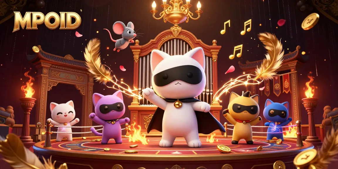 MPOID themed illustration capturing a dramatic casino scene with a masked cat, acrobat mouse, and floating elements.