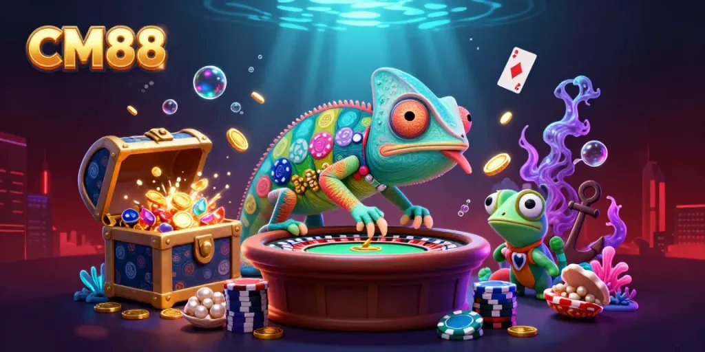 CM88 chameleon casino owner captures golden coins while surrounded by vibrant casino elements.
