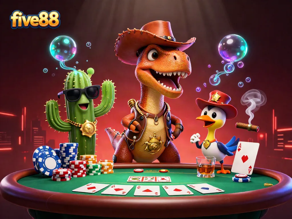 Engage in thrilling poker games at five88 with a dynamic scene of a cowboy dinosaur and friends.