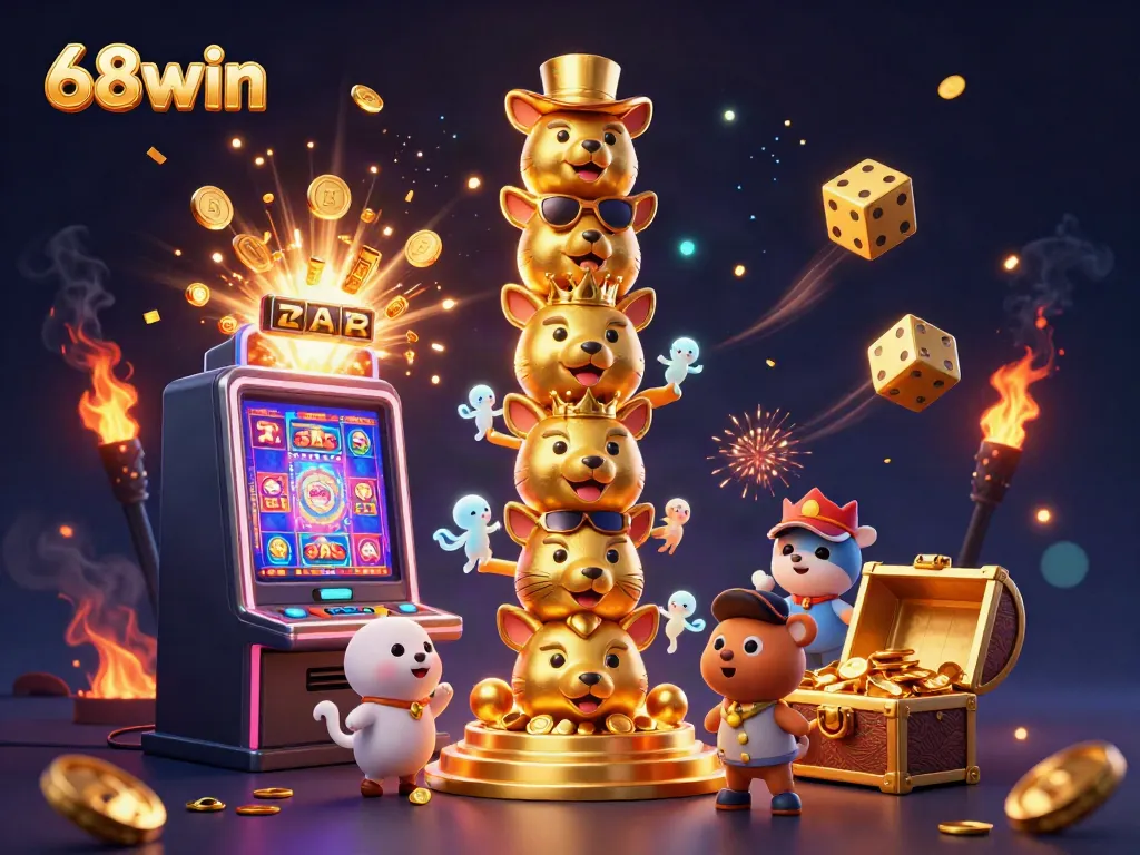 Experience the excitement of 68win with a vibrant 3D casino scene featuring cartoon totem poles, jackpot slots, and dynamic game elements.