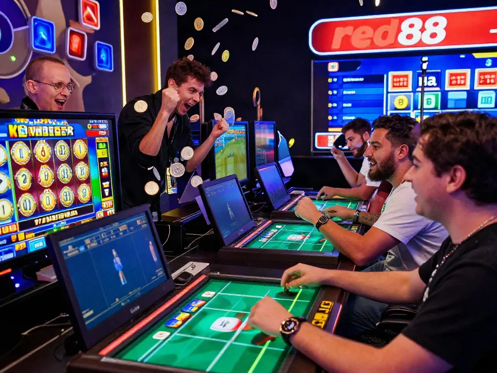 Players celebrating a win at red88’s vibrant online casino, showcasing exciting jackpot slot games and live betting.