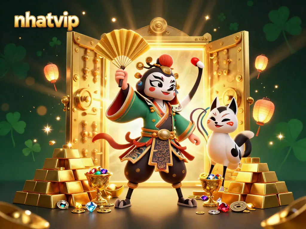 Nhatvip's dynamic casino scene showcasing a kabuki warrior, treasure vault, and vibrant gemstones