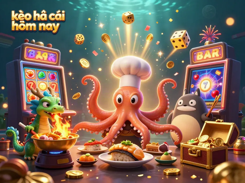 Explore the dynamic world of kèo nhà cái hôm nay with interactive characters and vibrant casino elements in a packed illustration.
