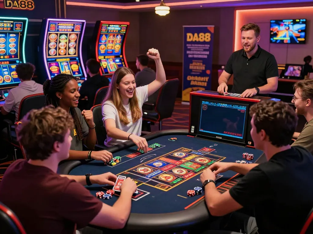 Online gaming at DA88 features diverse players enjoying live casino action in an animated environment.