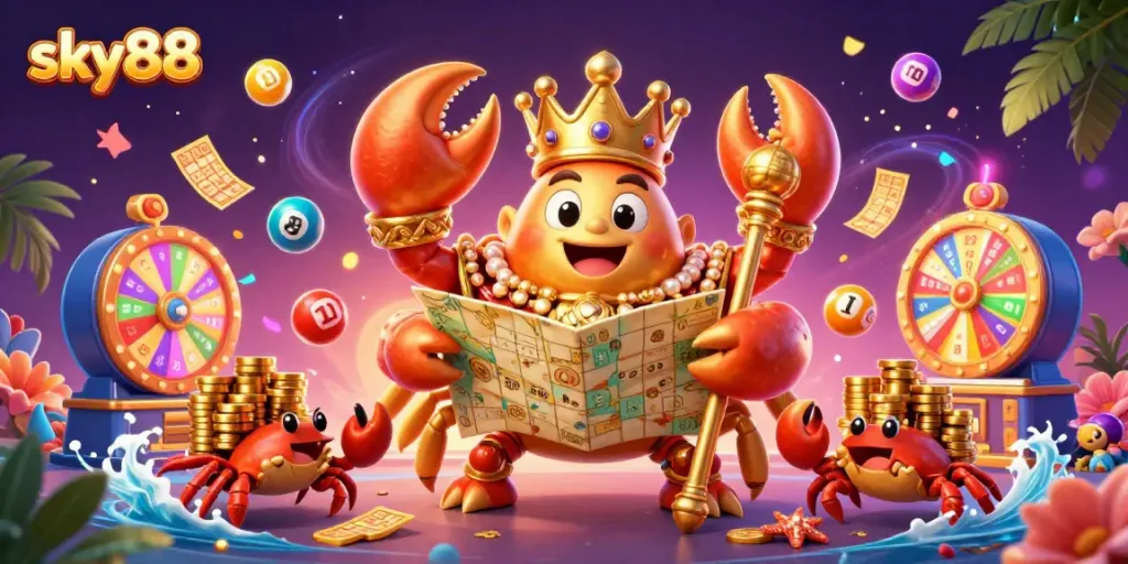 Experience sky88's thrilling gaming with a vibrant 3D crab emperor and dynamic casino elements.