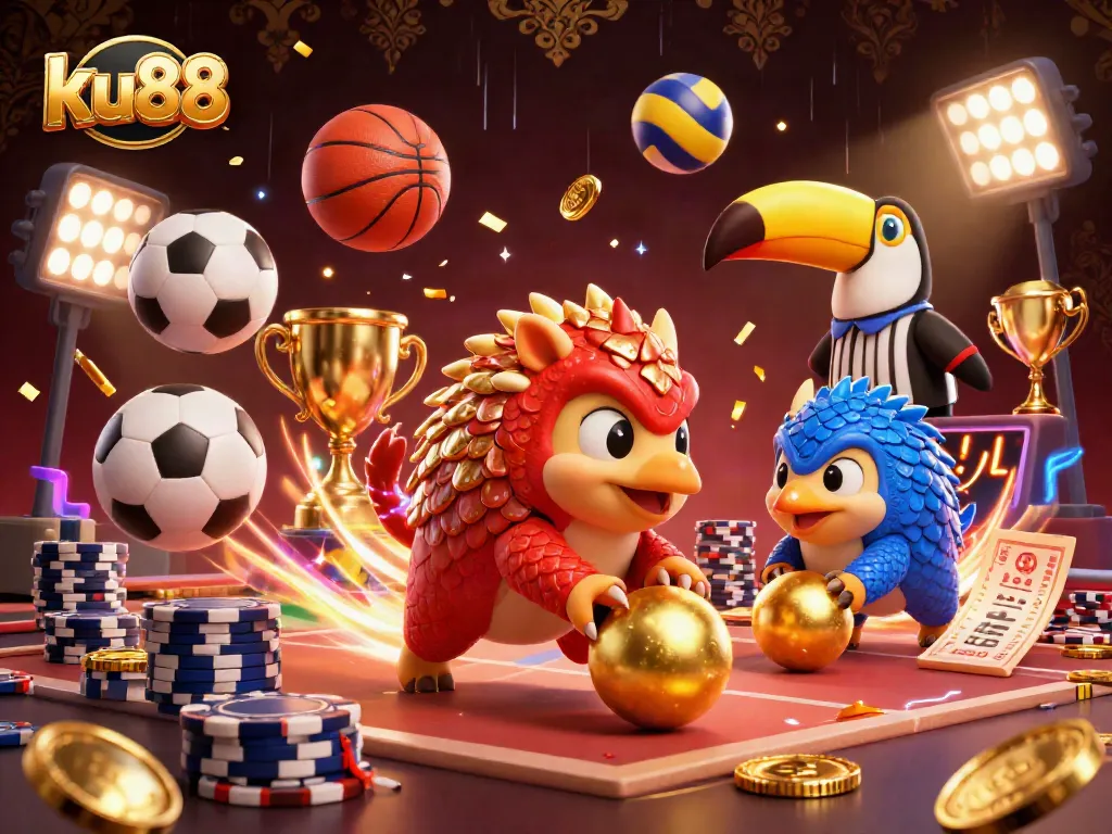 ku88 pangolins competing in a vibrant casino scene with flying sports balls and golden coins, showcasing gambling excitement.