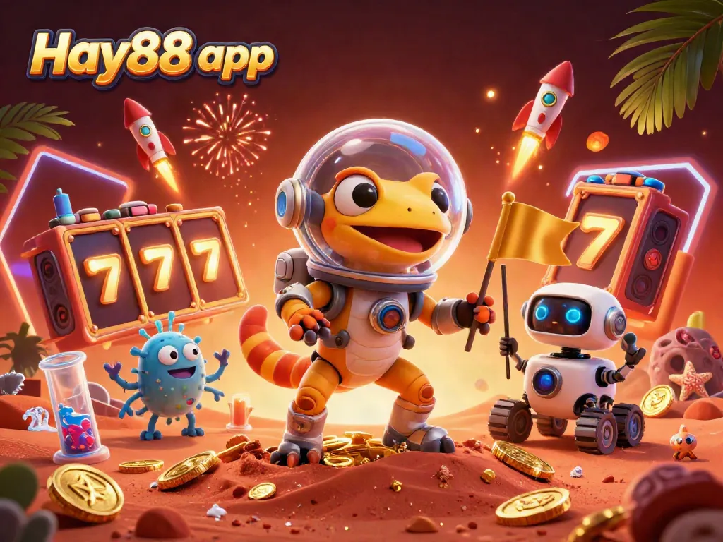 Experience the thrill of the Hay88 app with a Martian gecko uncovering a golden casino.