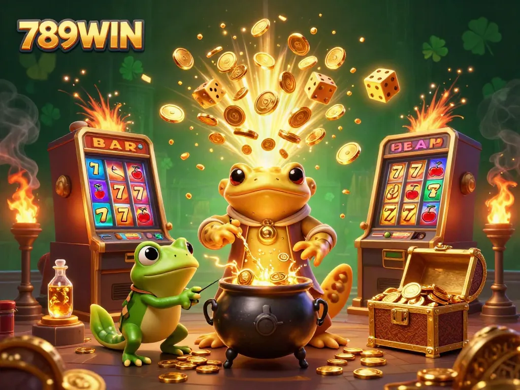 Experience the magic of 789WIN with gold coins exploding from a dynamic casino scene featuring vibrant characters.