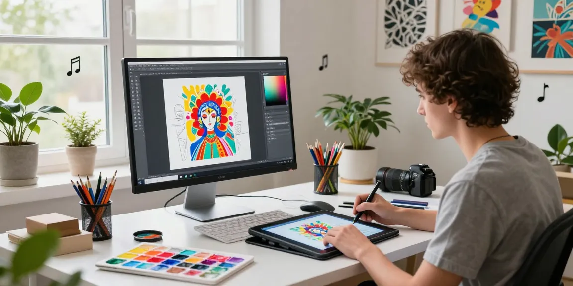 Artist using an AI image generator from image for creative digital artwork in a bright studio.
