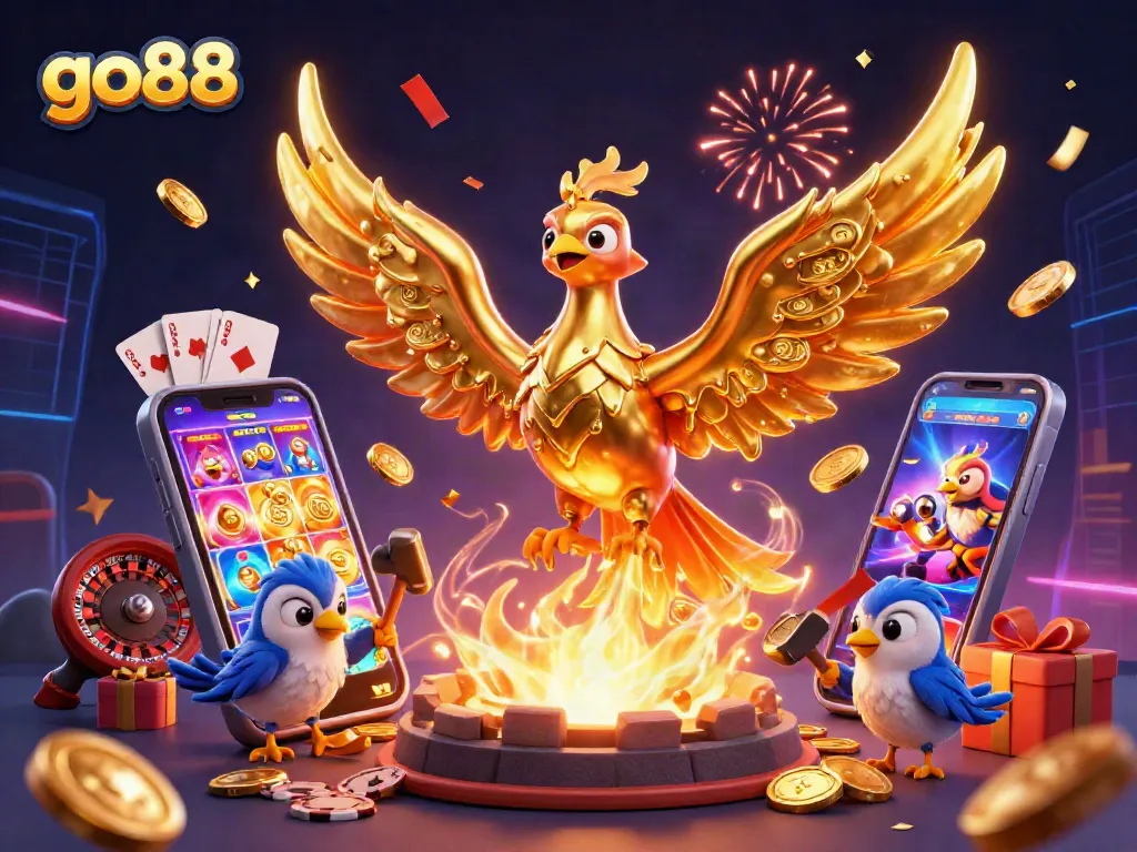 Experience the thrill of go88 with vibrant casino elements, from a golden phoenix to immersive slot games.