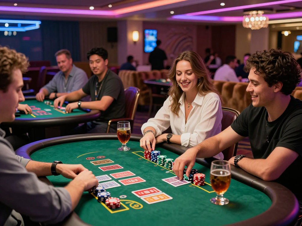 Giocatori felici in un casinò mentre consultano la lista casino non AAMS e scommettono con entusiasmo.