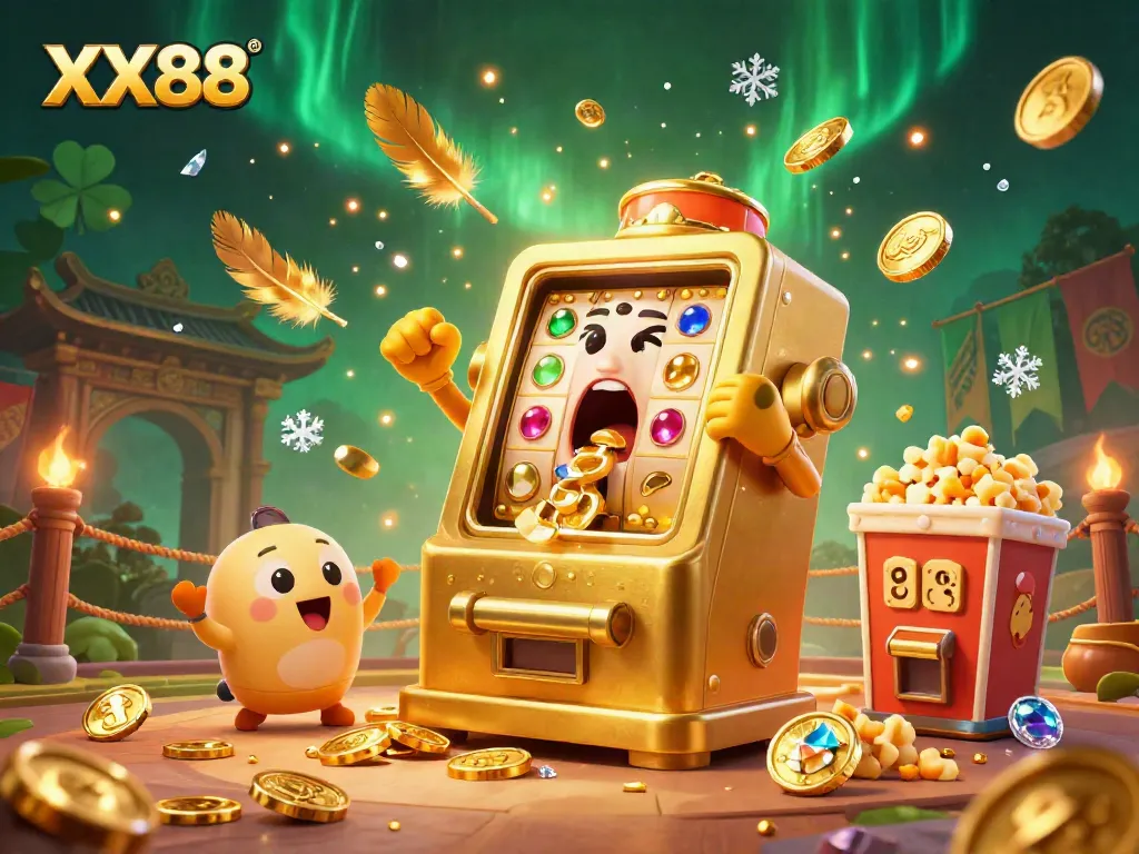 Experience the excitement of XX88 with a vibrant 3D golden slot machine hitting the jackpot!