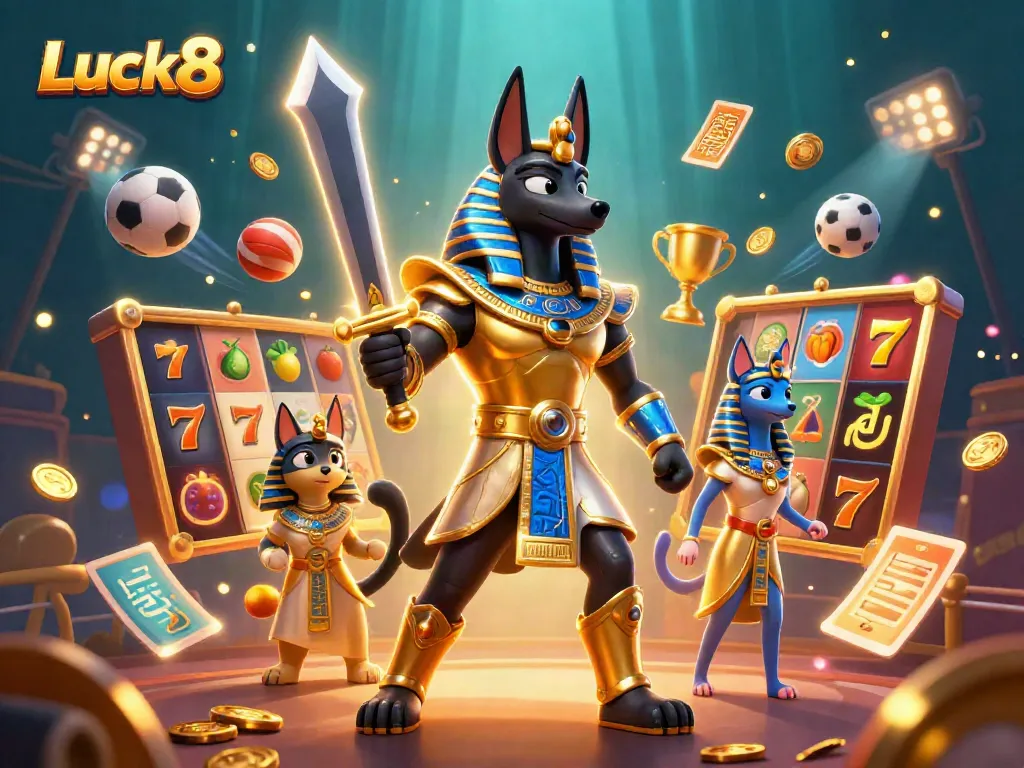 Engage with Luck8's captivating gaming atmosphere depicted through ancient Egyptian characters and vibrant casino elements.