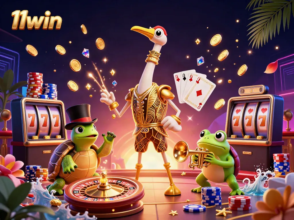 Engage with thrilling casino action at 11win featuring an art deco crane, top-hat turtle, and trumpet-playing frog.