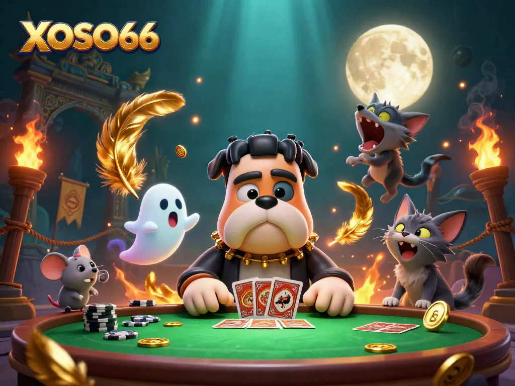XOSO66's Frankenstein bulldog dealer and ghost mouse creating a thrilling casino atmosphere.