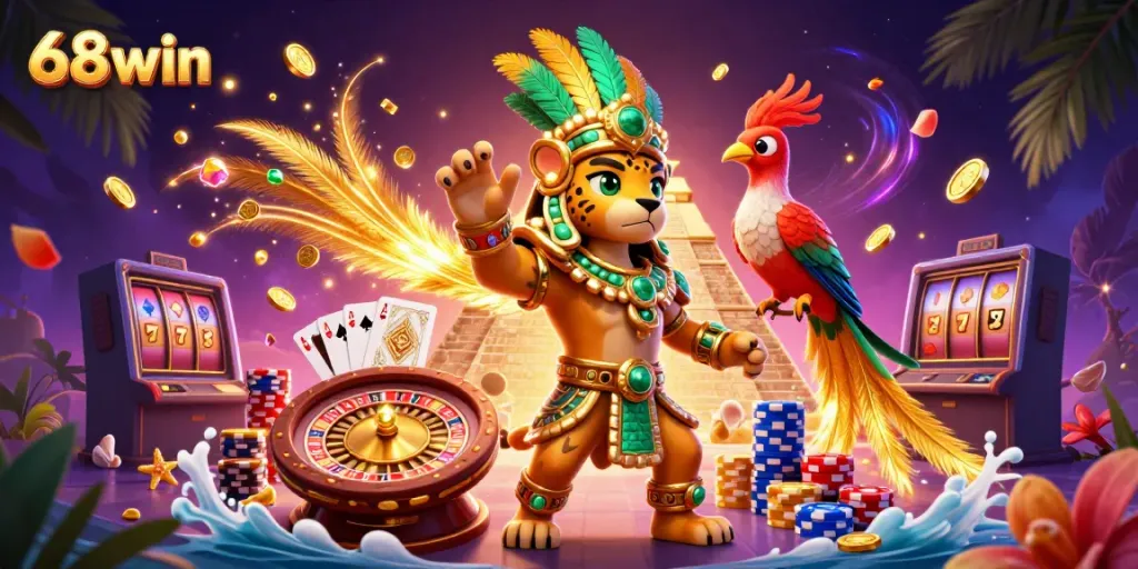 Experience the thrill at 68win with dazzling golden coins, 3D elements, and a Mayan priest character enhances the casino atmosphere.