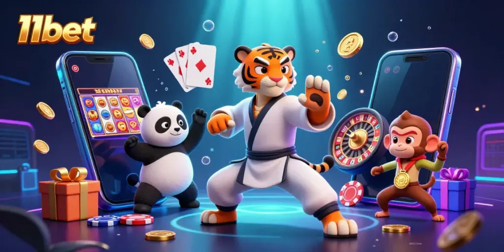 11bet showcases a vibrant 3D casino scene with a kung fu tiger, panda disciple, and monkey stealing gold.