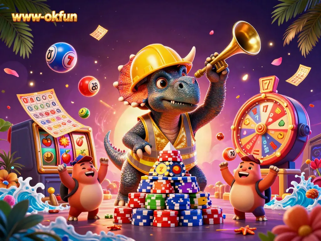 Experience thrilling jackpot excitement at www-okfun with a dynamic casino-themed celebration featuring playful dinosaurs.