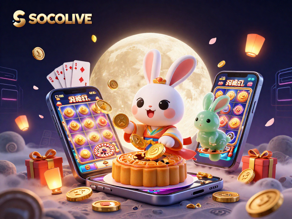 SOCOLIVE showcases a vibrant scene of a moon rabbit blending traditional folklore with poker elements in a 3D illustration.