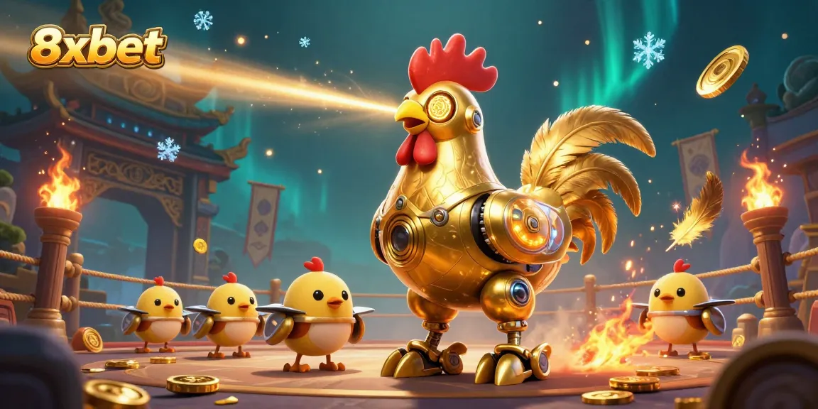 Engage with the dynamic 8xbet casino world featuring a golden rooster robot and baby chick drones.