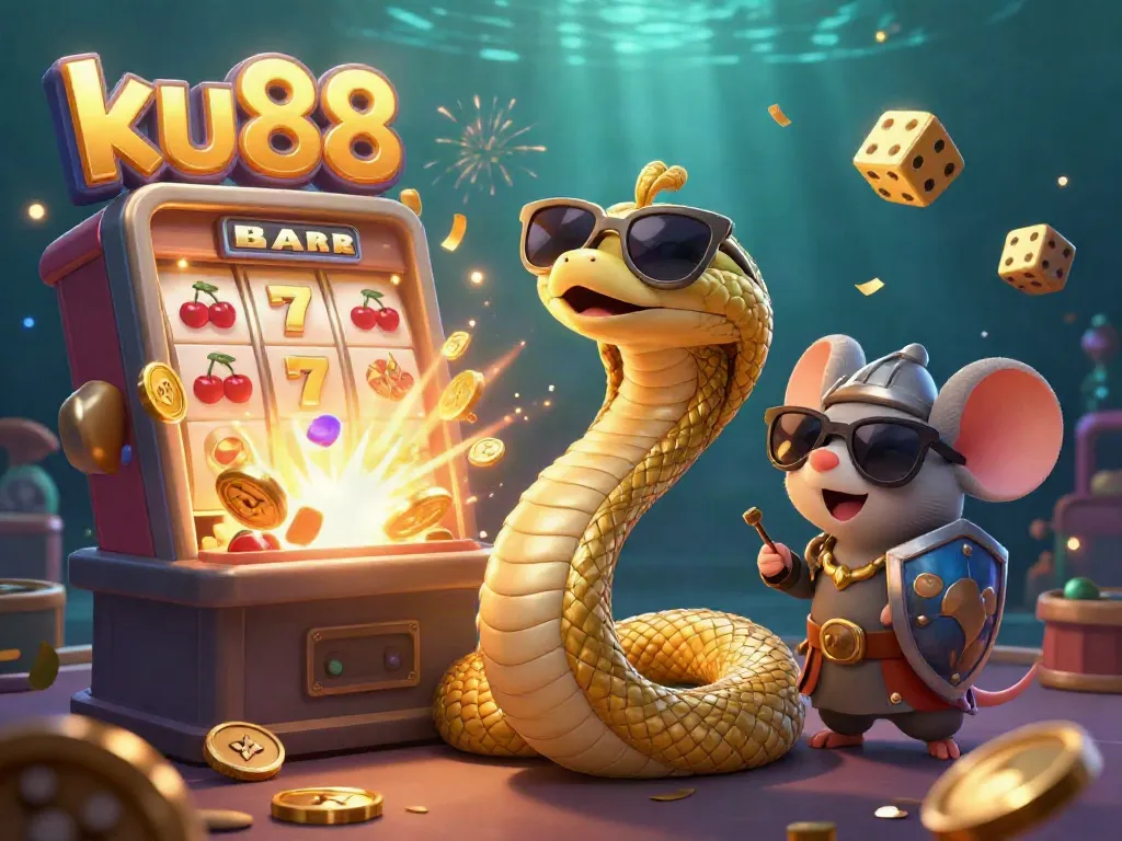 Experience thrilling wins at ku88 with Medusa and a warrior mouse celebrating a casino jackpot.