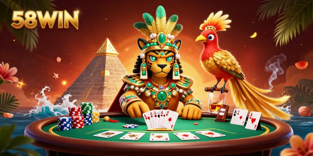 58WIN logo features a vibrant 3D scene with a Mayan jaguar priest, poker elements, and luxury casino atmosphere.